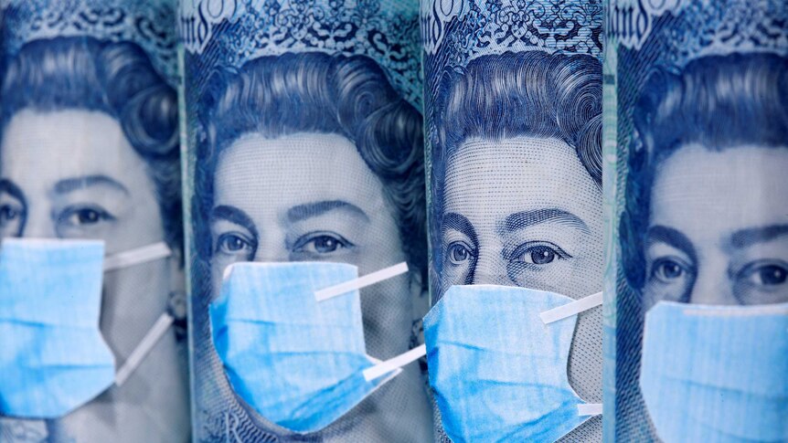 An illustration of the Queen on a bank note wearing a facemask