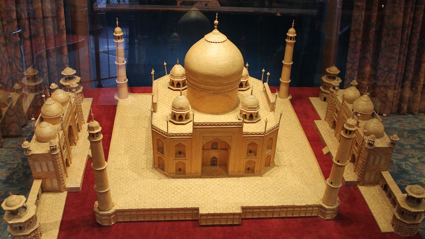 A detailed matchstick model of the Indian mausoleum the Taj Mahal.