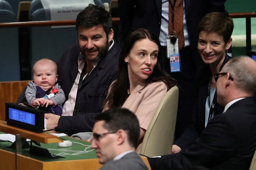 Jacinda Ardern holding her baby Neve at the UN on September 24, 2018.