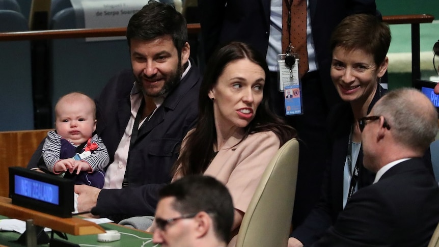 Jacinda Ardern holding her baby Neve at the UN on September 24, 2018.