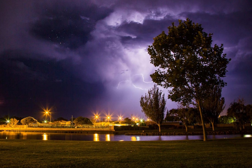 Eyre Park in Albany is illuminated by lightning overhead.