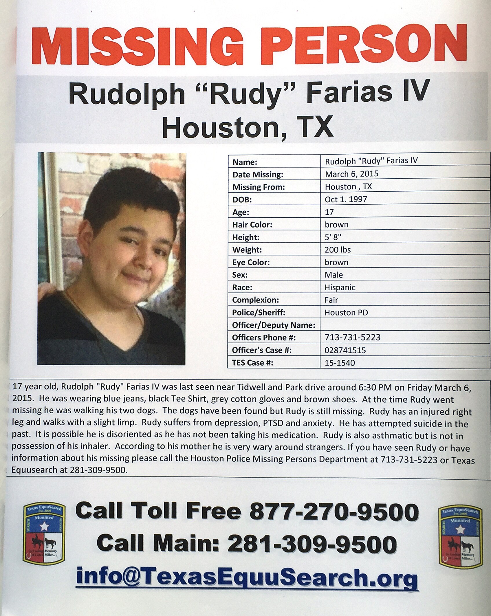 A missing person poster of a Hispanic teenage boy, showing his name and a table with descriptive information.
