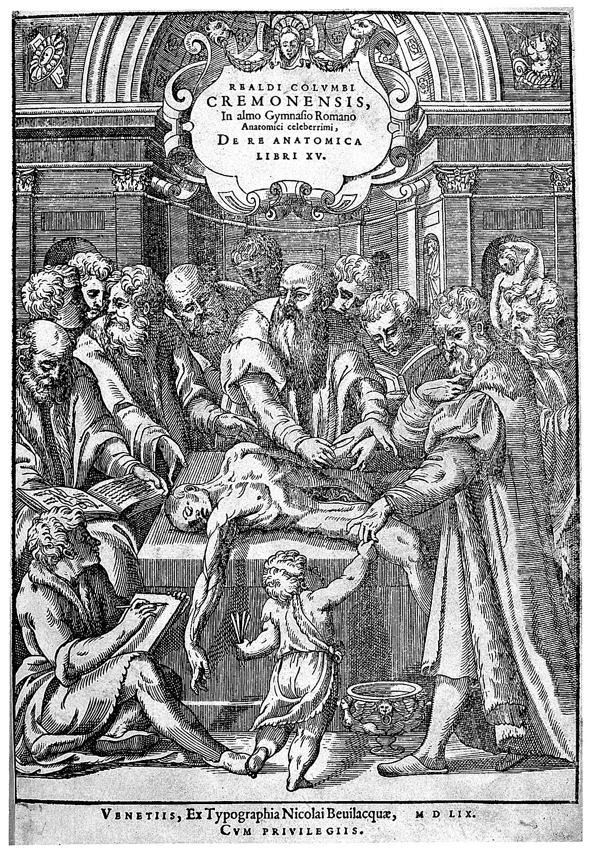 An ancient black and white book cover, showing a surgery.