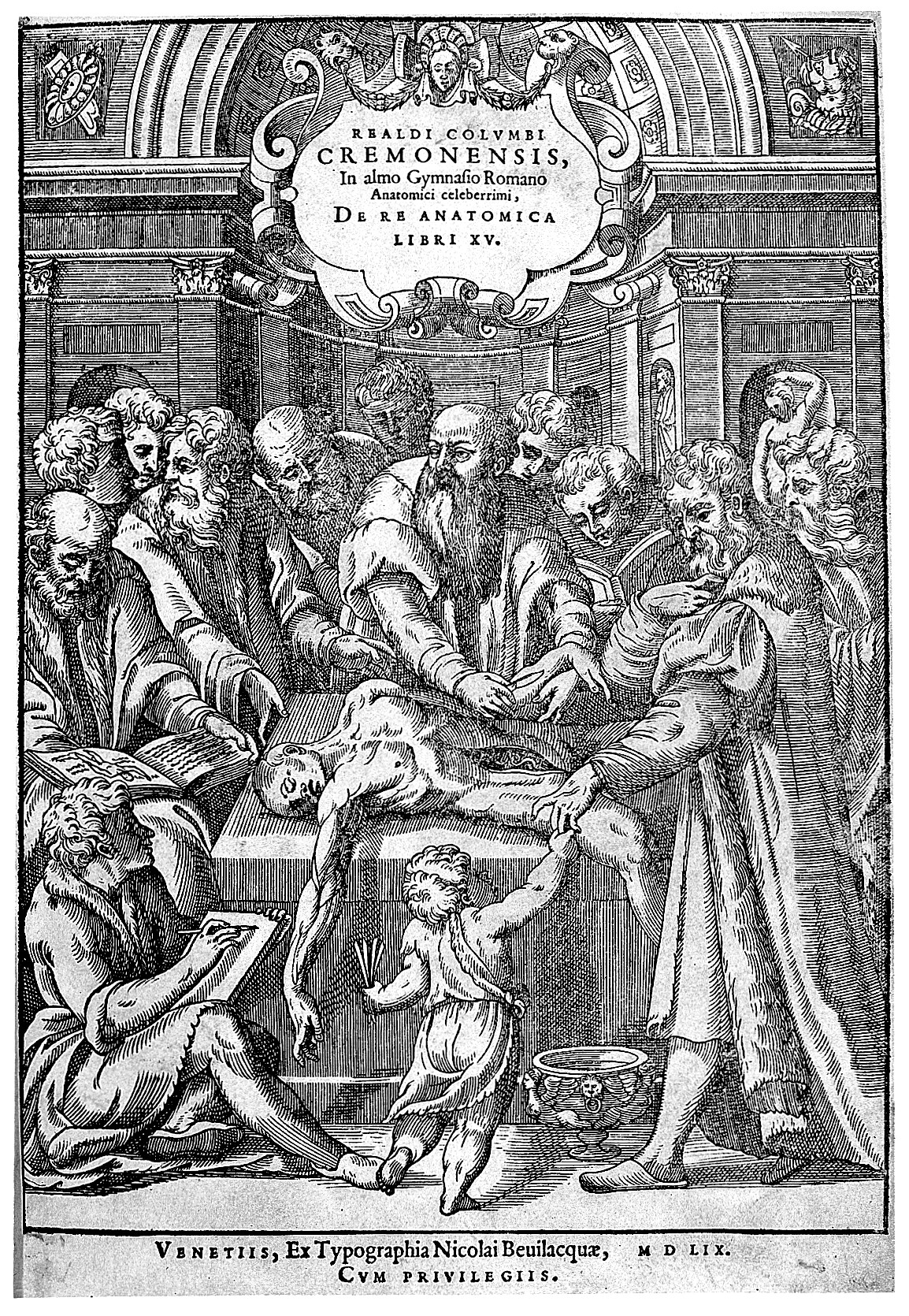 An ancient black and white book cover, showing a surgery.