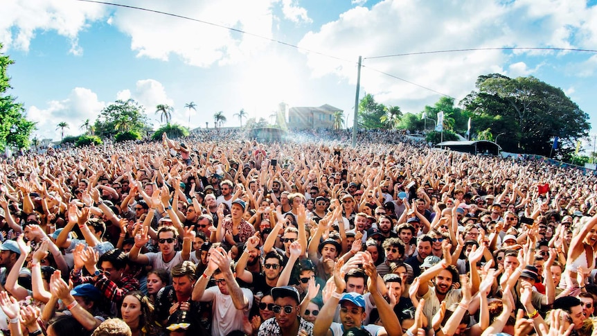 Image of a large crowd with hands in the air at the laneway festival