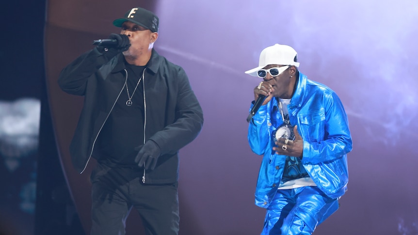 Chuck D and Flavor Flav of Public Enemy perform at the 65th Annual GRAMMY Awards 