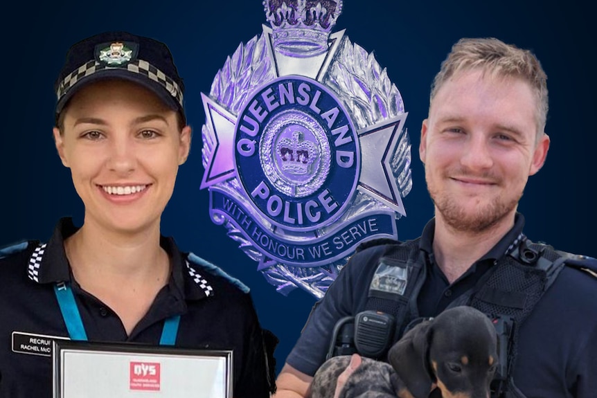 Constables Rachel McCrow and Matthew Arnold smiles with the police badge behind them.