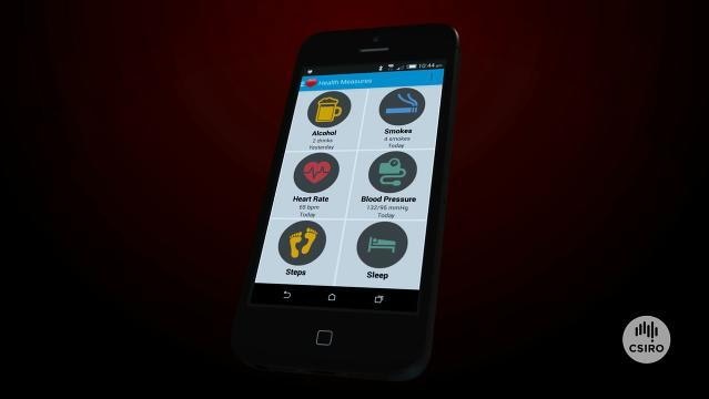 A smartphone screen shows an app with 6 icons labelled 'Alcohol', 'Smokes', 'Heart Rate', "Blood Pressure', 'Steps', 'Sleep'