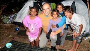 Family living in a tent near Perth with Gerry Georgatos from Human Rights Alliance