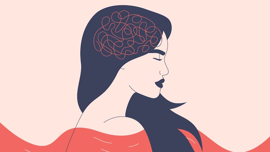 An illustration of a woman's profile with a squiggly line where her brain is. She's surrounded by water