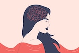 An illustration of a woman's profile with a squiggly line where her brain is. She's surrounded by water