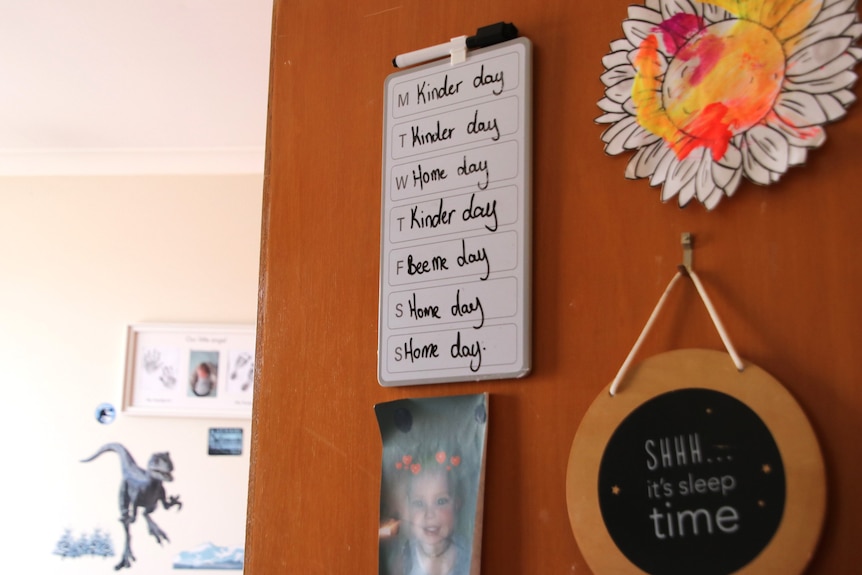 A weekly planner hangs on a boy's bedroom door.