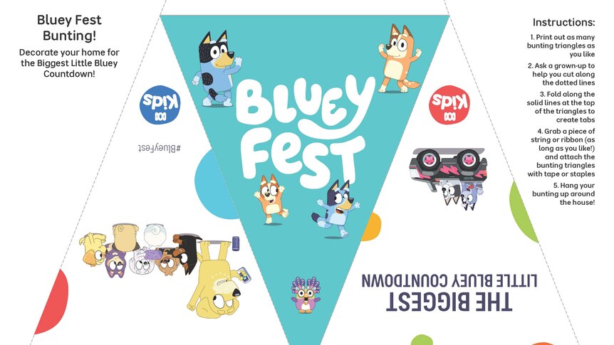 Image of colourful Bluey Fest branded bunting on a white sheet of paper.