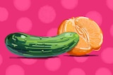 Illustration of cucumber and mandarin with pink background