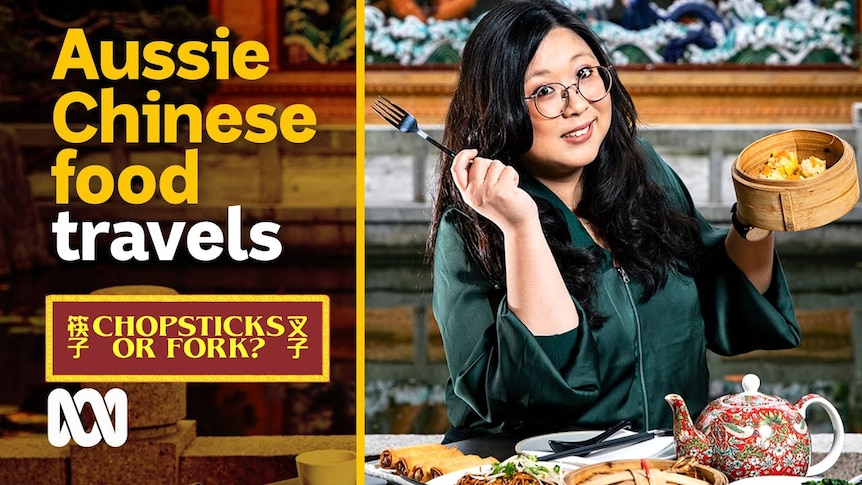 Chopsticks or Fork cover art: Jennifer Wong smiling while holding fork and dumplings.