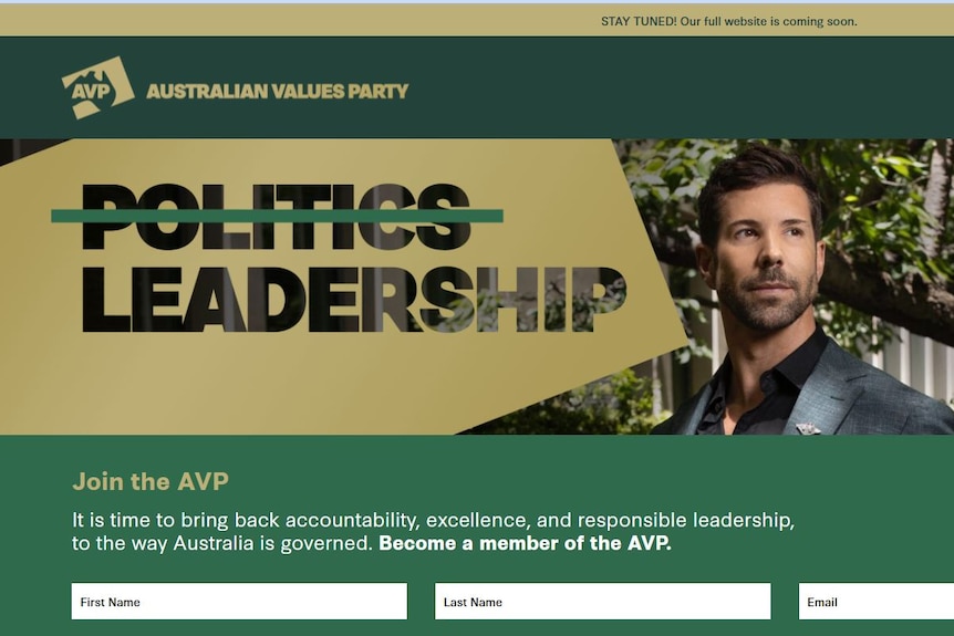 A screenshot from the Australian Values Party website showing its founder, Heston Russell. The word "Politics" is crossed out. 