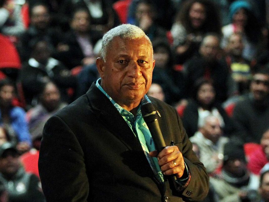 Fiji's interim Prime Minister Frank Bainimarama speaks in Auckland