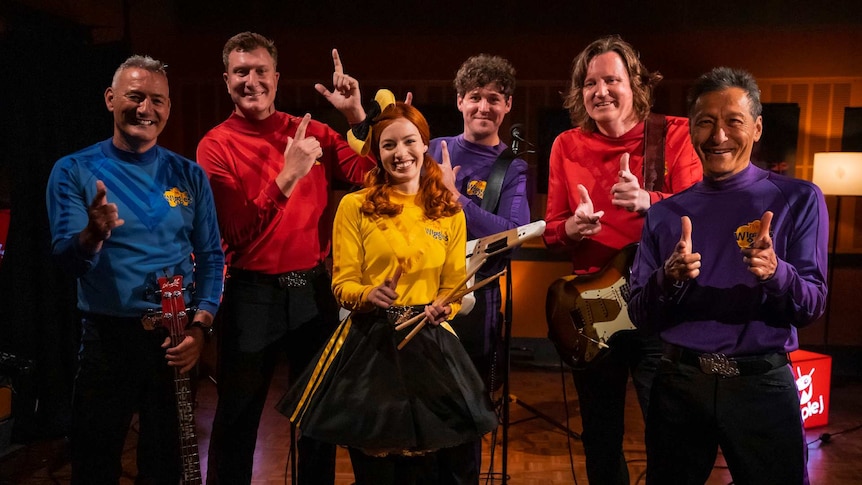 A picture of The OG Wiggles and newbies in skivvys in the triple j studio