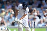 England captain Alastair Cook is bowled by Nathan Lyon in the fifth Ashes Test at The Oval.