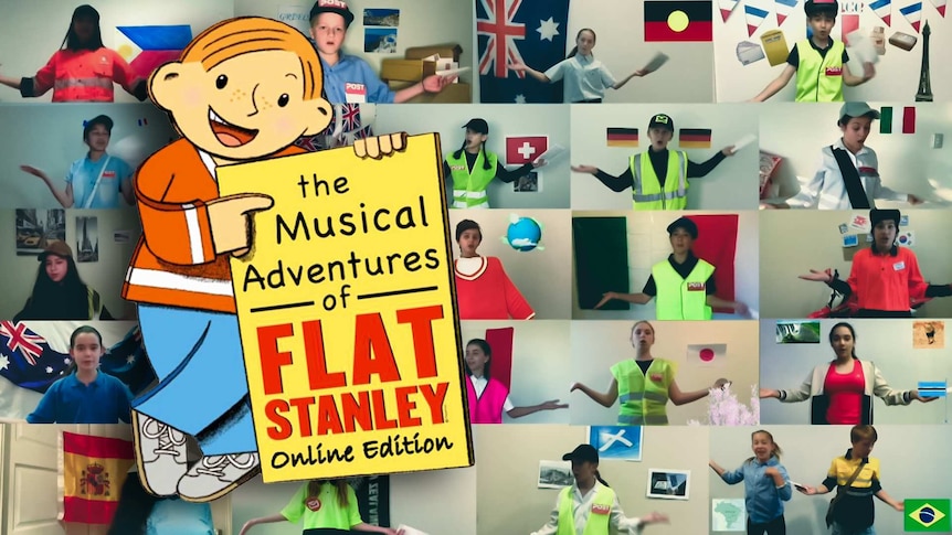 Video conference with 23 students dressed like posties from different countries. Cartoon of flat Stanley holding a sign.