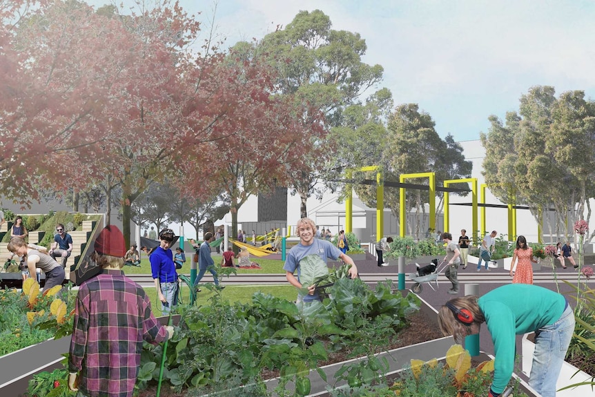 Artist's impression of an edible community garden with happy people.