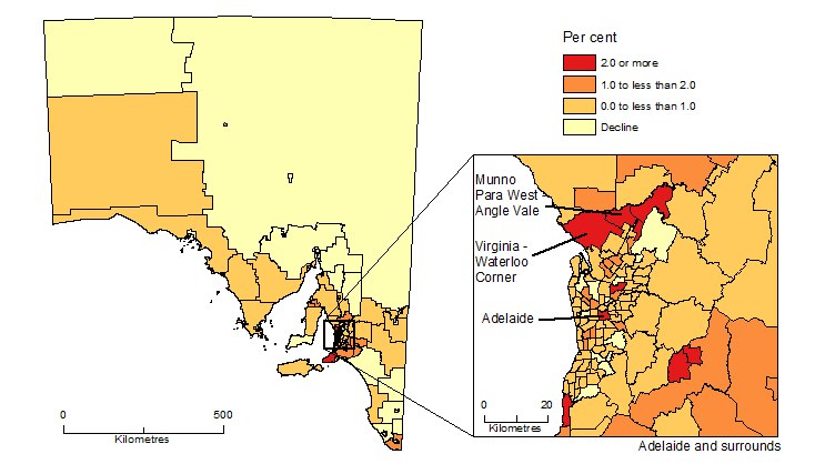 Map showing the population change in South Australia in 2016-17.