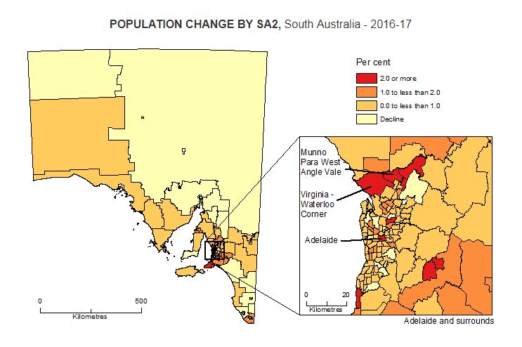 Map showing the population change in South Australia in 2016-17.