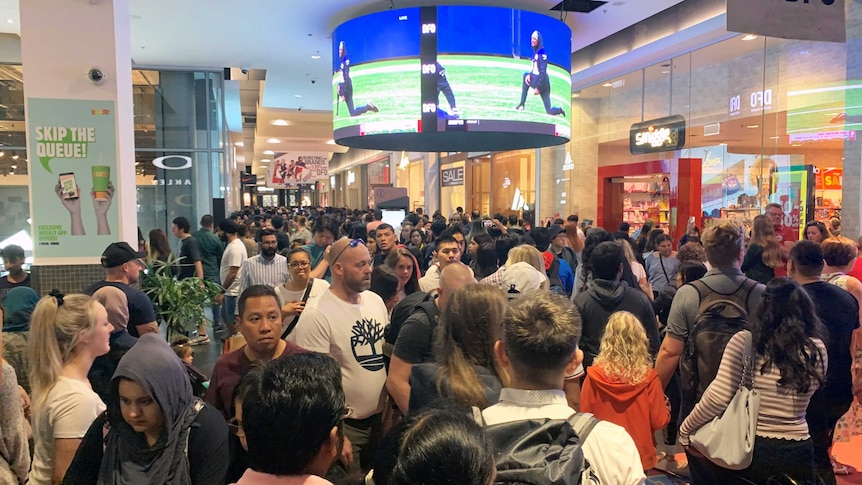 A crowd of people walk through a packed shopping centre.