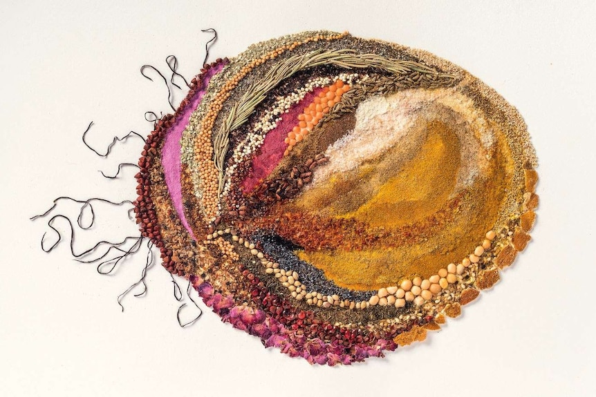 An abstract collage in oranges and browns and pinks, made up of spices, seeds, and noodles.