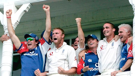 England celebrates after the winning runs are hit at Trent Bridge.