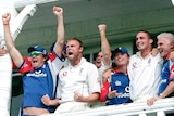 England celebrates after the winning runs are hit at Trent Bridge.