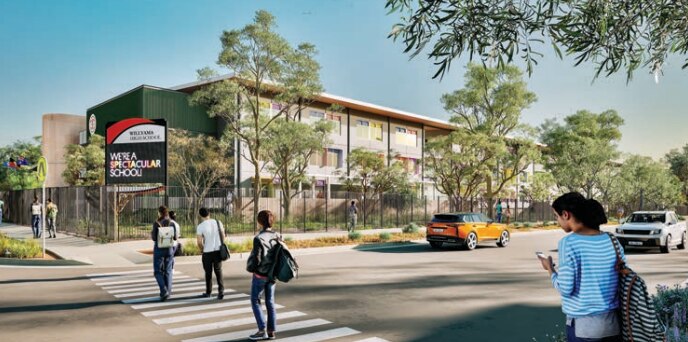 An artist&#x27;s impression of a high school with people walking over a road towards it.