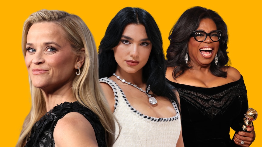 A collage of Reese, Dua and Oprah all looking glamorous against a yellow background.