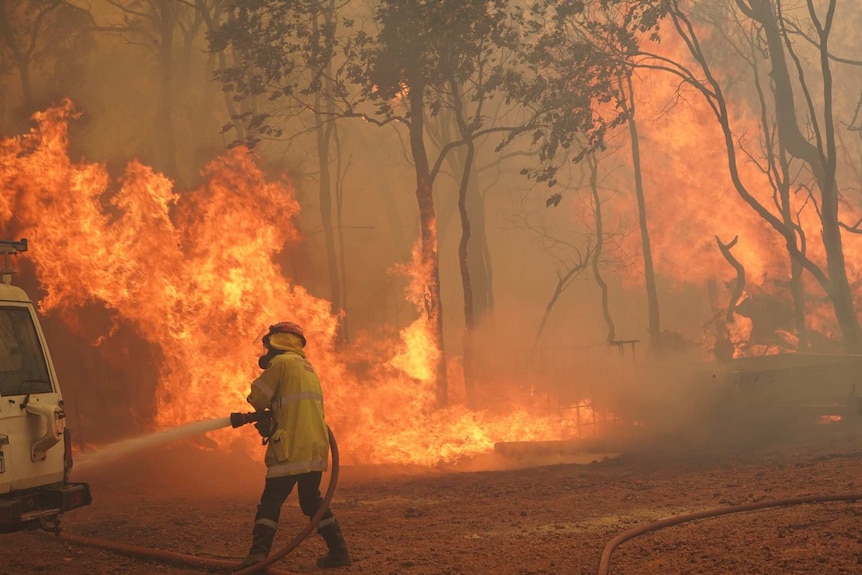 A firefighter surrounded by orange flames as he fights the fire
