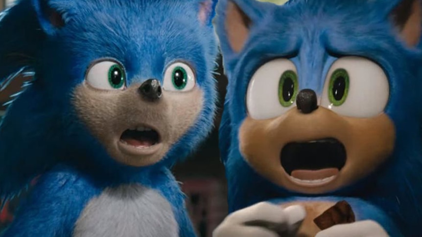 A collage of the 'ugly' 2019 look and 2020 redesign for the Sonic The Hedgehog movie