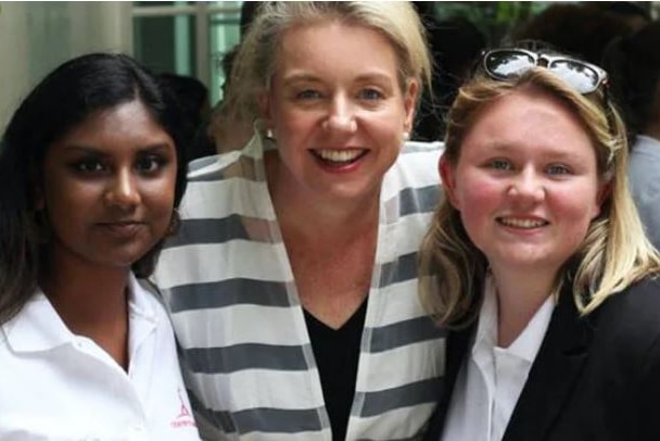 Vanisre Manikam and another student pictured with Senator Bridget McKenzie in Canberra