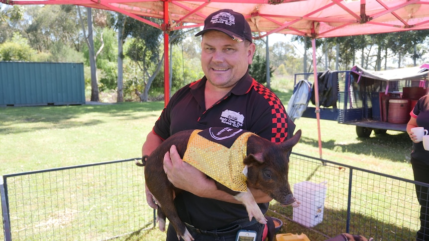 A smiling man in a dark cap and a dark, branded polo shirt cradles a small pig in a sparkly jacket.