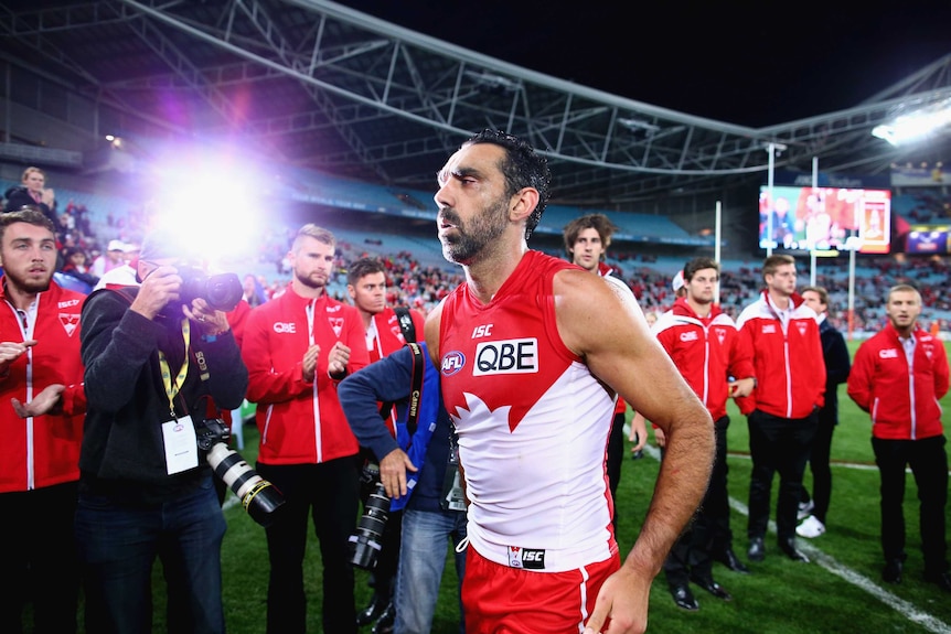 Adam Goodes walks off the ground after Sydney's finals loss to North Melbourne