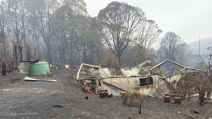 A house completely destroyed by fire near Walhalla in Victoria.