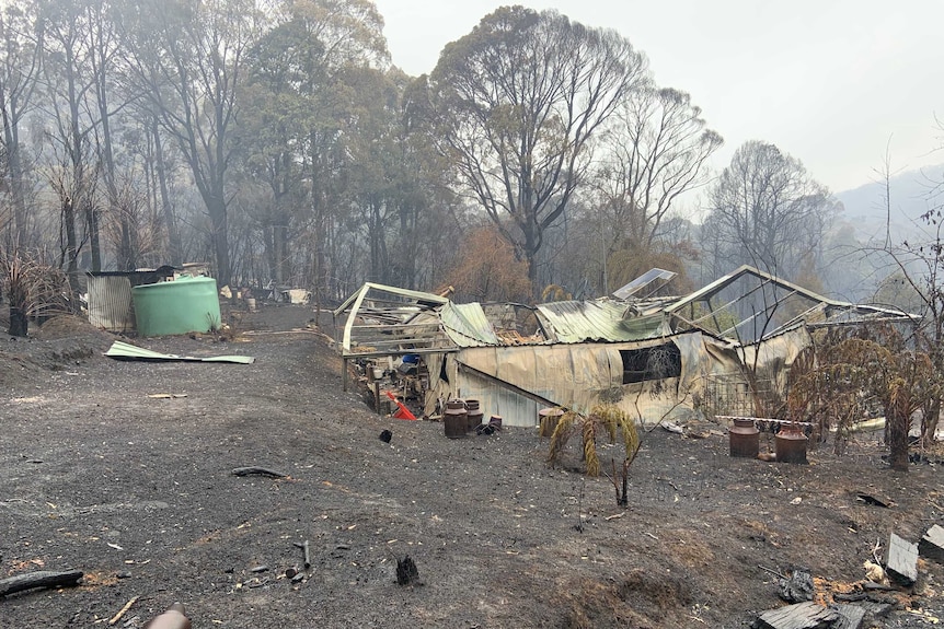 A house completely destroyed by fire near Walhalla in Victoria.