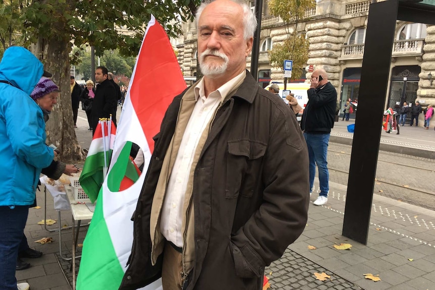 Imre Czigany, 70, stands near a Hungarian flag with a hole where the communist symbols were cut out-