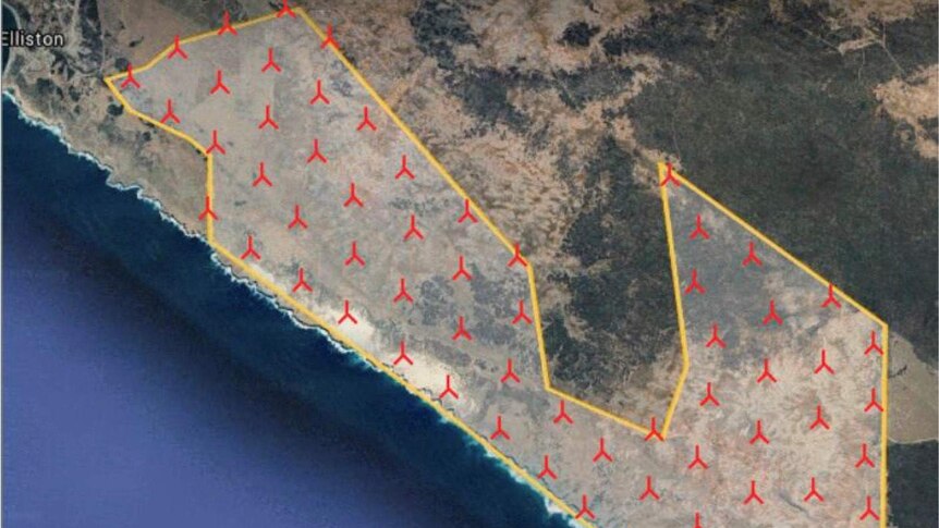 Red wind turbines marked on a map.