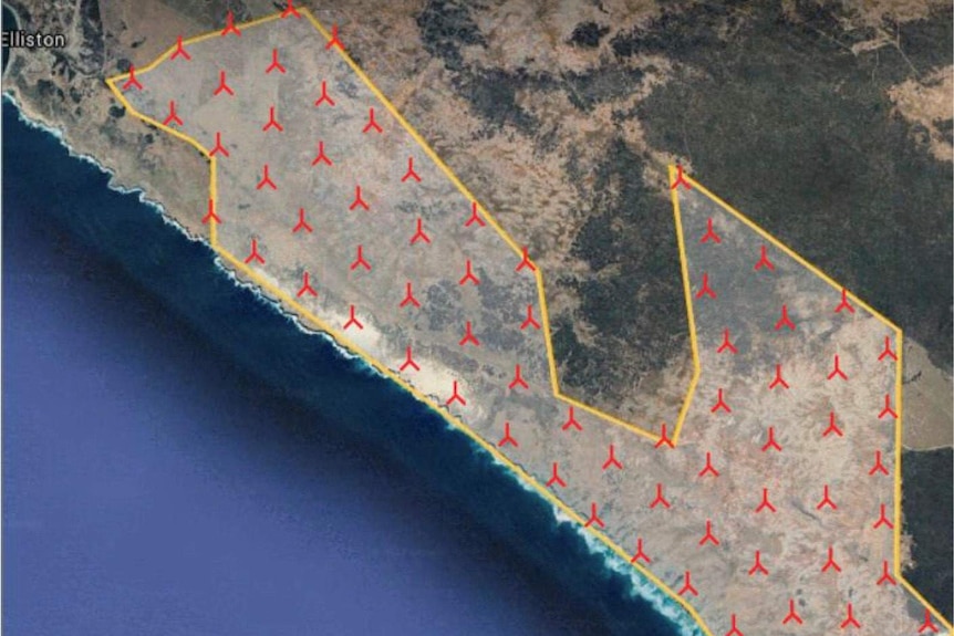 Red wind turbines marked on a map.