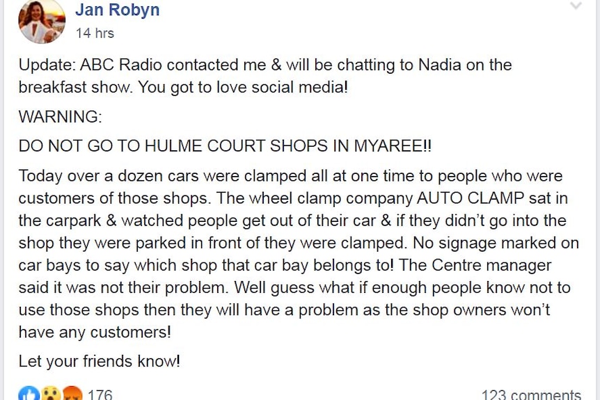 A screenshot of a Facebook post warning people about wheel clamping.