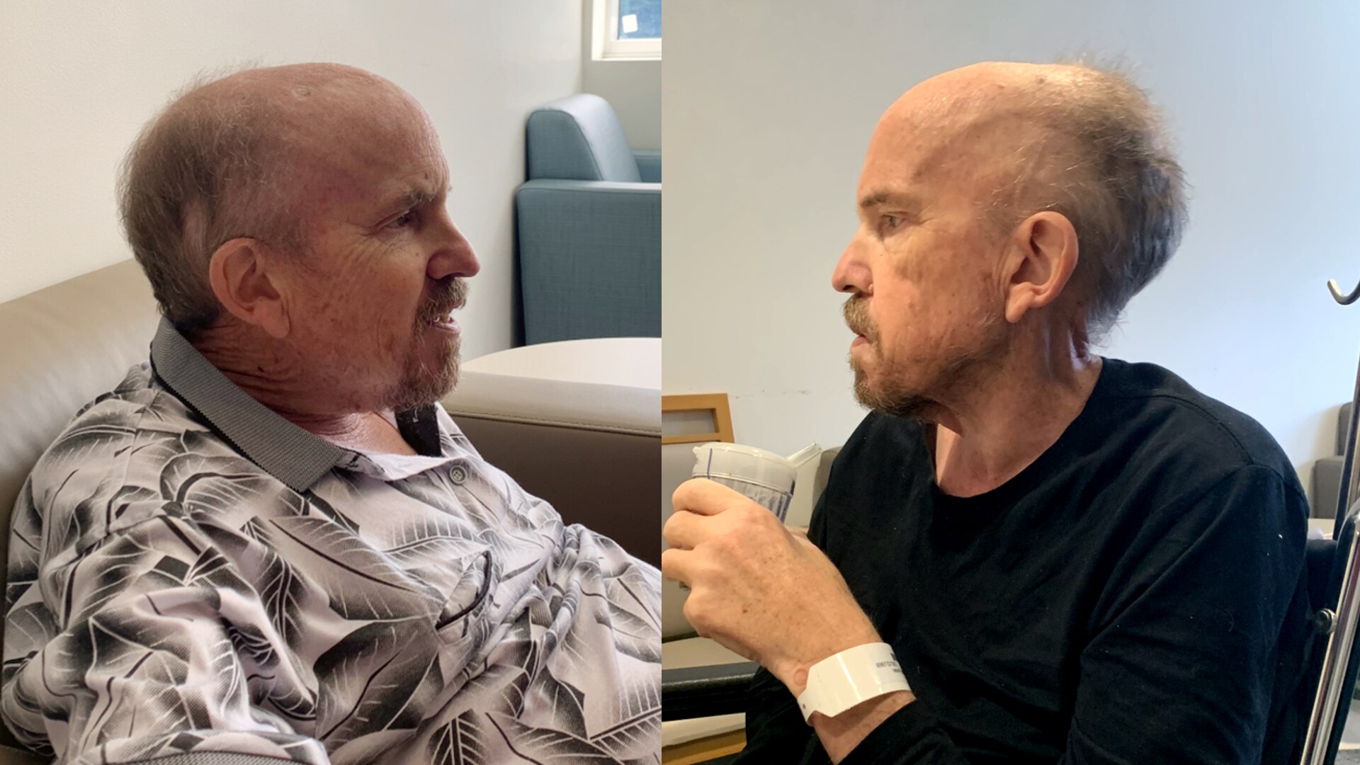 A composite photo of a man sitting in hospital