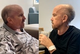 A composite photo of a man sitting in hospital