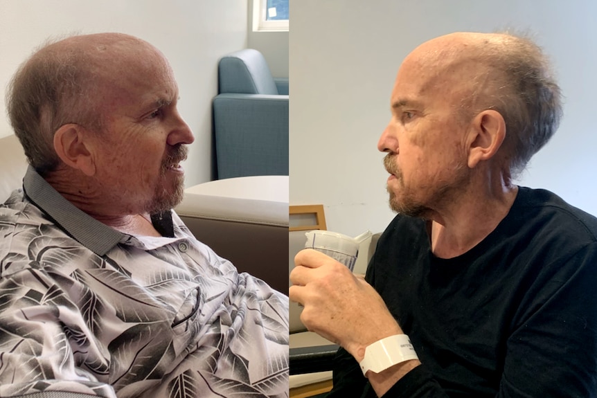 A composite photo of a man sitting in hospital