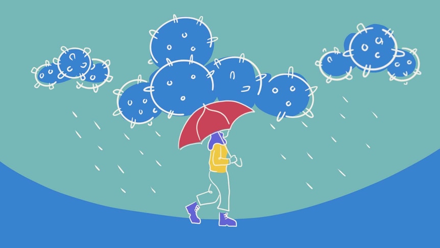 Illustration of a young person holding an umbrella walking below stormy clouds.