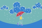 Illustration of a young person holding an umbrella walking below stormy clouds.