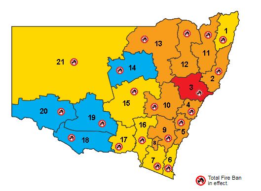 A map of NSW with numbered and colour-coded regions and a symbol indicating each region has a total fire ban
